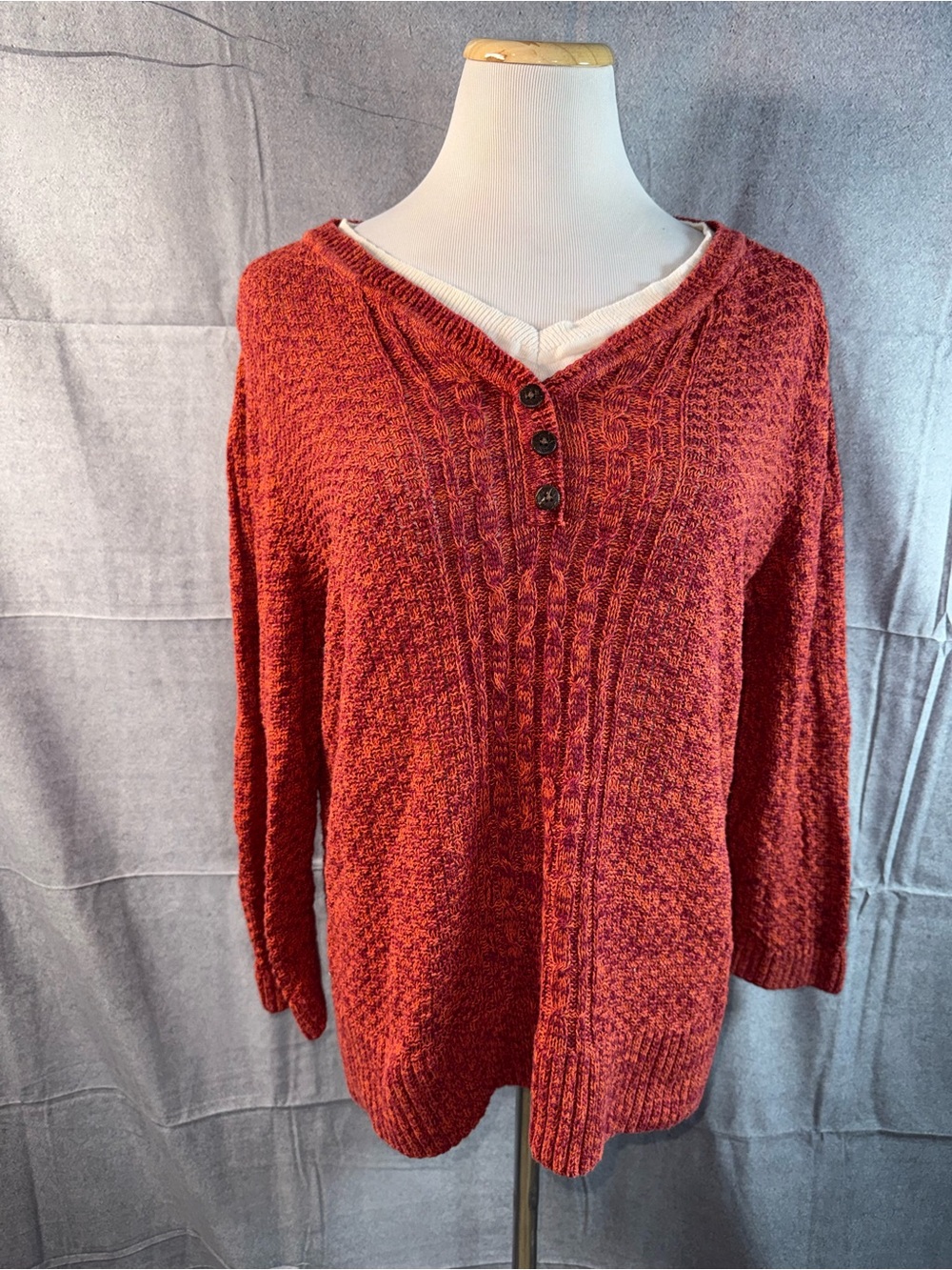 1401-Christopher & Banks Red Textured V-Neck Button Sweater